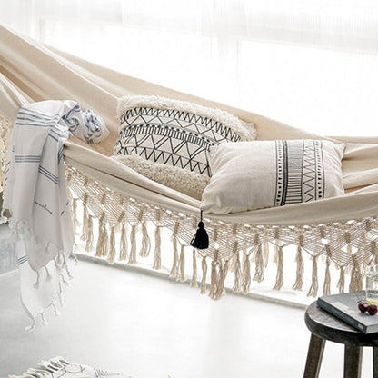 Cotton Rope Swing for Two – 79×59 Inch Indoor-Outdoor Lounger with Macramé Fringe – Porch, Patio, Balcony & Garden Relaxation Hammock