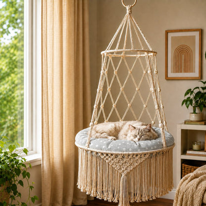 Ortekor Macrame Hanging Cat Hammock Bed with Cushion - Space-Saving Indoor Cat Swing for Small Apartments