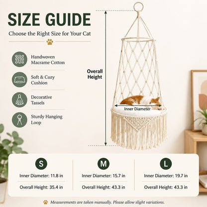 Ortekor Macrame Hanging Cat Hammock Bed with Cushion - Space-Saving Indoor Cat Swing for Small Apartments