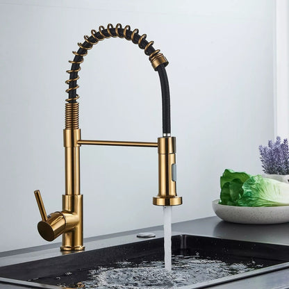 Brass Single-Hole Faucet with Rotating Spout & Detachable Spray Nozzle for Contemporary Kitchens & Dual-Basin Prep Areas