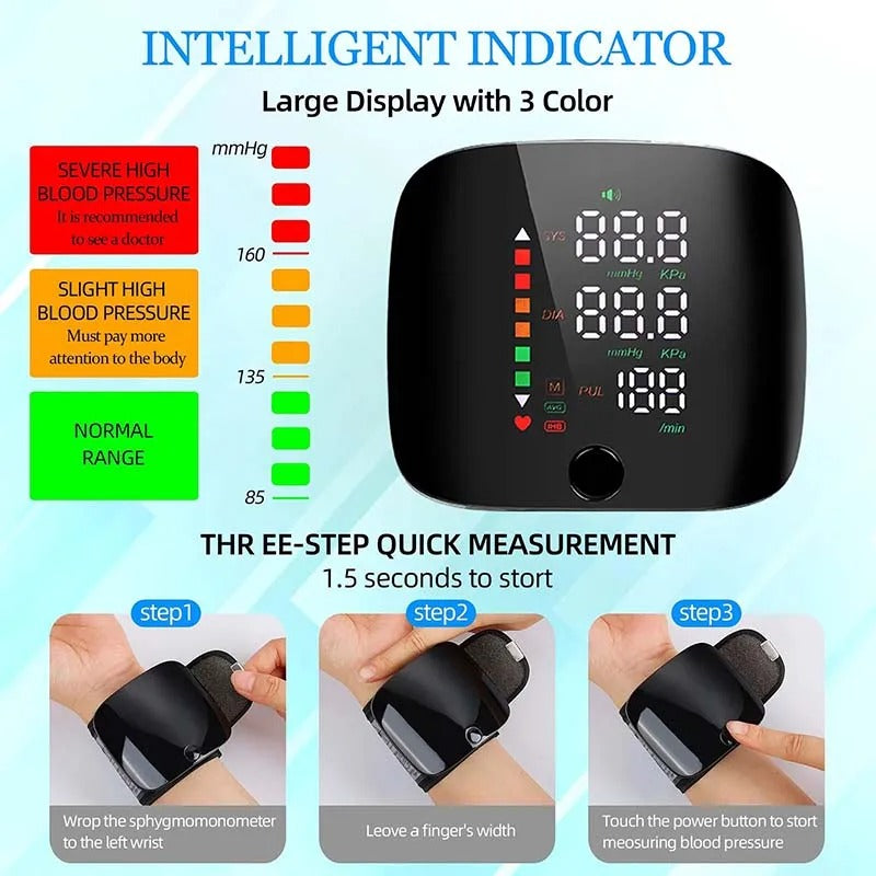 Rechargeable Wrist Blood Pressure Cuff with Voice Readout & LCD Display for Home Health Tracking