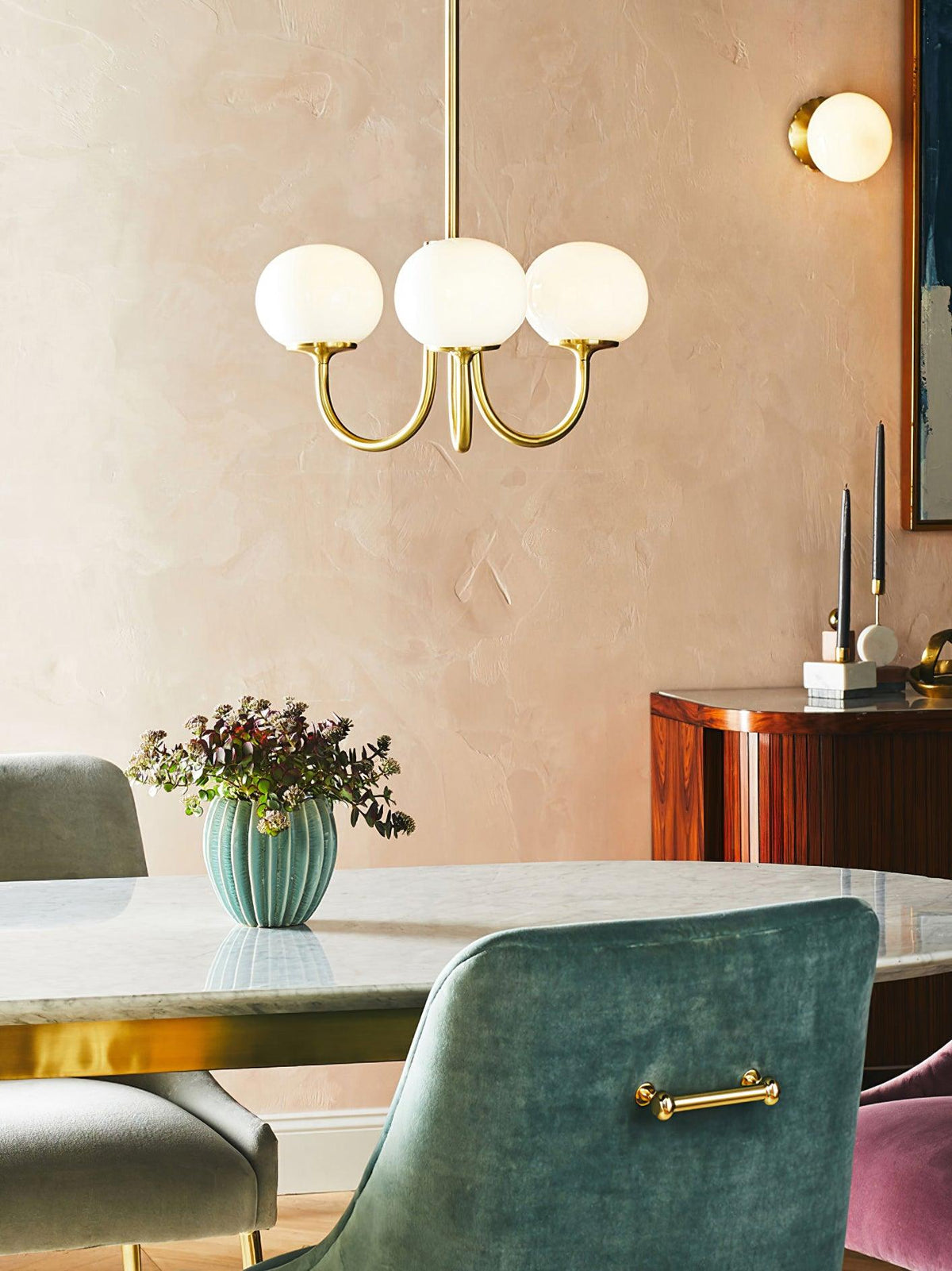 Handblown Glass Globe Chandelier with Gold or Chrome Finish – 3 or 5 Light Dining Room Pendant for Kitchen Island, Bedroom, Living Room