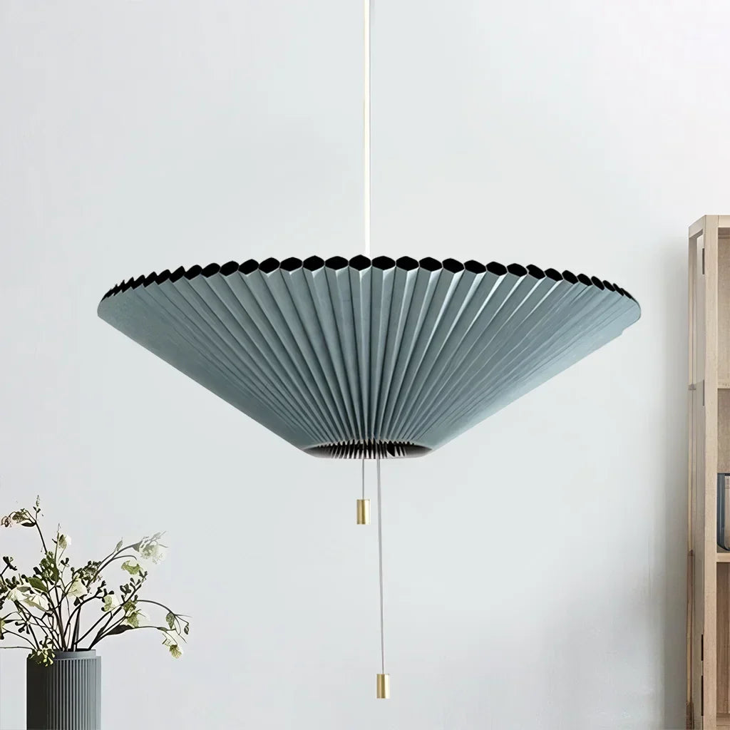 Sculptural Paper Shade Hanging Fixture with Transformable Geometry for Overhead Illumination Above Tables Islands Counters Light Blue Warm G