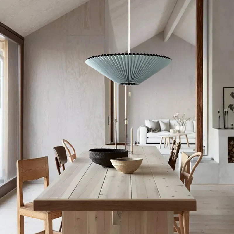 Sculptural Paper Shade Hanging Fixture with Transformable Geometry for Overhead Illumination Above Tables Islands Counters Light Blue Warm G