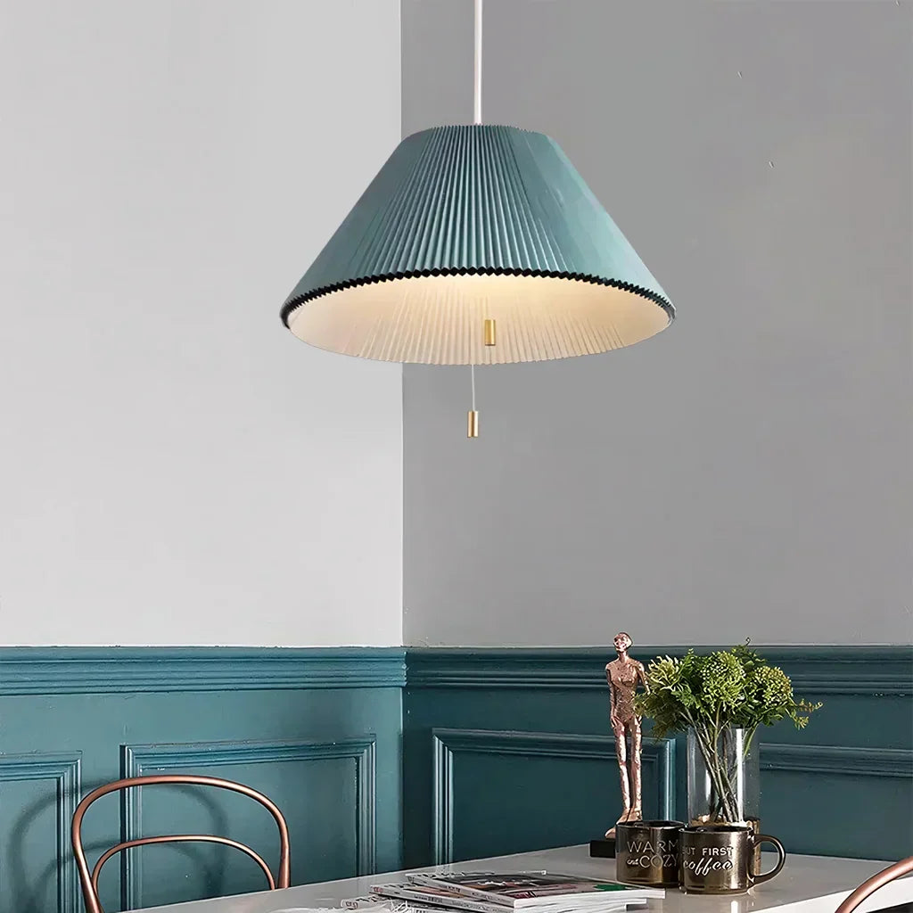 Sculptural Paper Shade Hanging Fixture with Transformable Geometry for Overhead Illumination Above Tables Islands Counters Light Blue Warm G