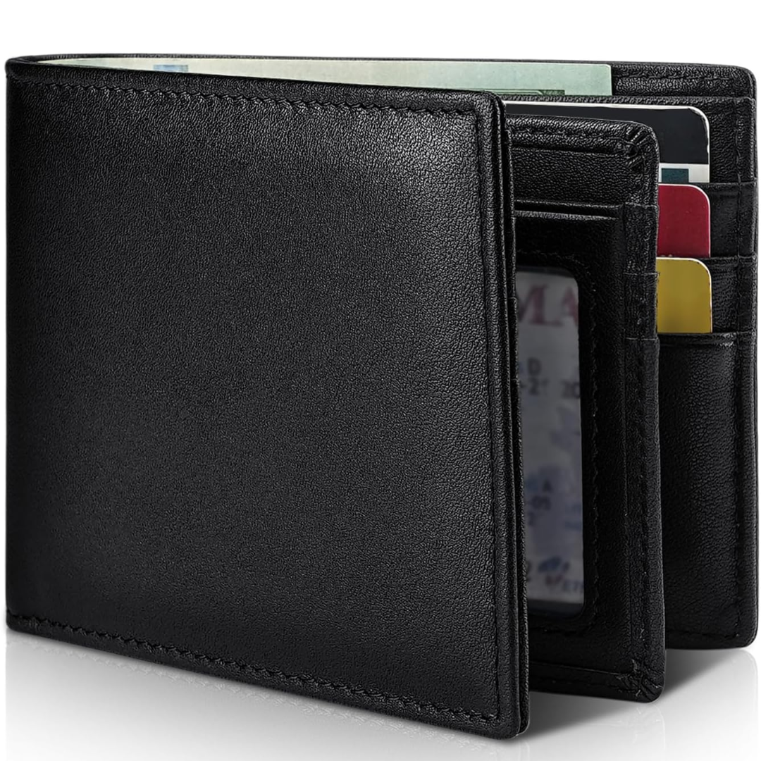 Men's Bifold Leather Wallet with RFID Protection – Slim Card Holder with ID Window for Everyday Carry & Travel Security