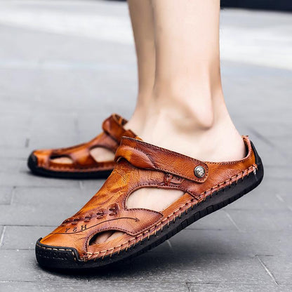 Men's Open-Toe Leather Sandals – Handcrafted, Rubber Sole, Round Toe for Summer Travel & Casual Wear – Sizes US 6.5-13