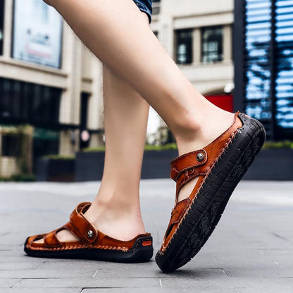 Men's Open-Toe Leather Sandals – Handcrafted, Rubber Sole, Round Toe for Summer Travel & Casual Wear – Sizes US 6.5-13