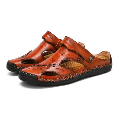 Men's Open-Toe Leather Sandals – Handcrafted, Rubber Sole, Round Toe for Summer Travel & Casual Wear – Sizes US 6.5-13
