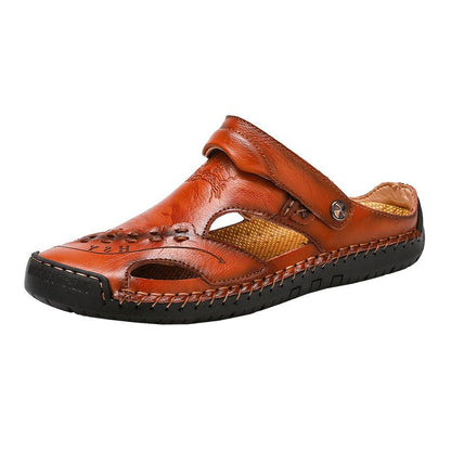 Men's Open-Toe Leather Sandals – Handcrafted, Rubber Sole, Round Toe for Summer Travel & Casual Wear – Sizes US 6.5-13