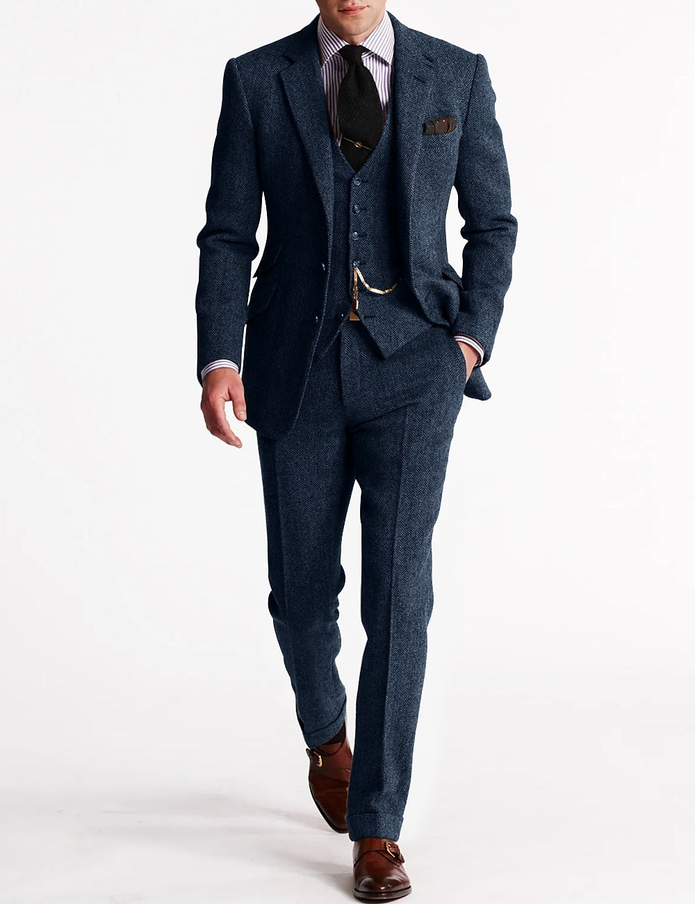 Men's Herringbone Wool-Blend Suit – Tailored 3-Piece Jacket Vest Pants Set for Weddings & Formal Occasions