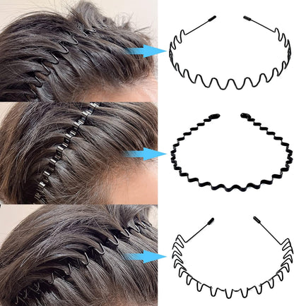 Metal Hair Bands for Men – Wave, Spiral, Circle, Zigzag Designs – Non-Slip, One Size Fits All – Pack of 6