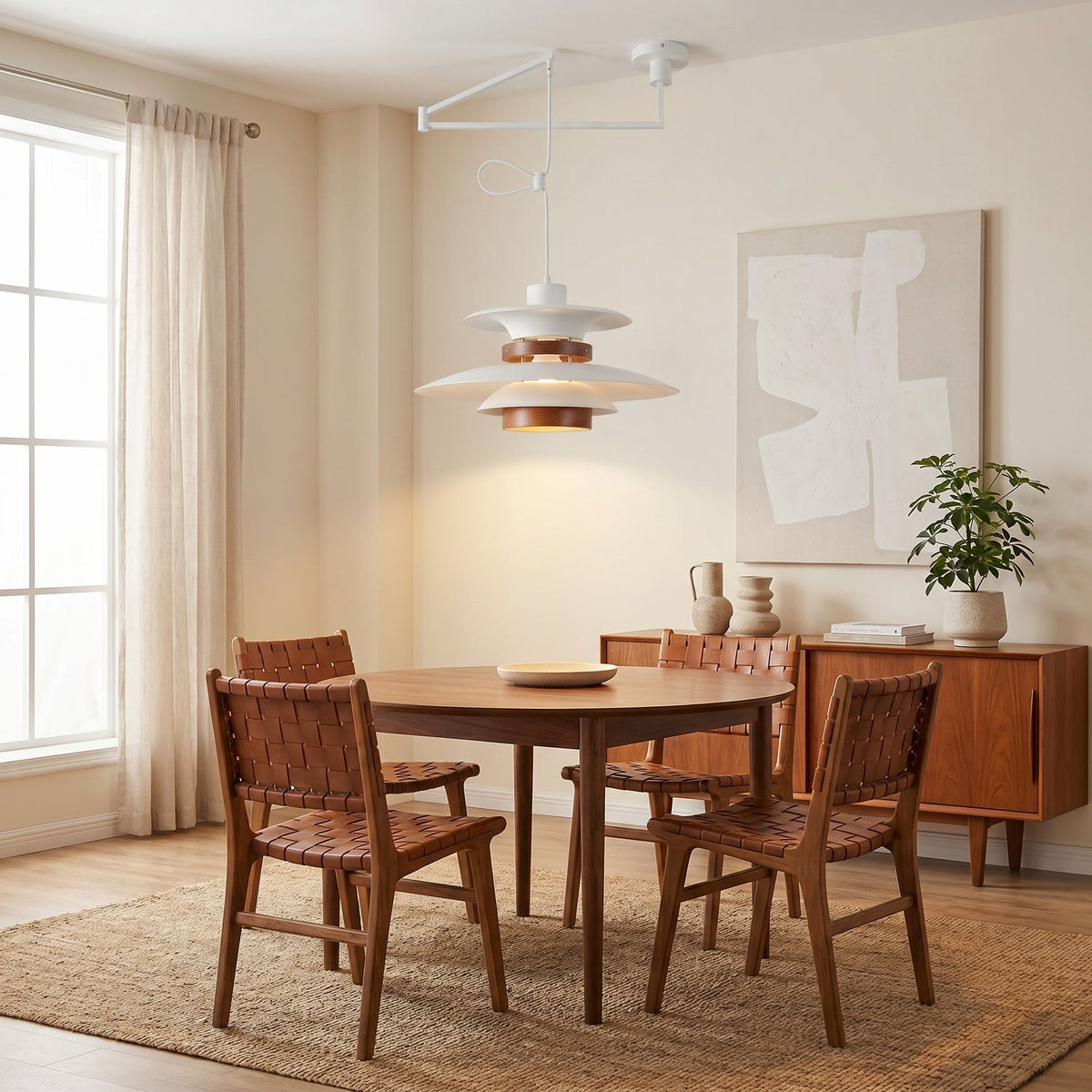 Adjustable Swing Arm Pendant Light with Wood Accents for Dining Room & Kitchen Island