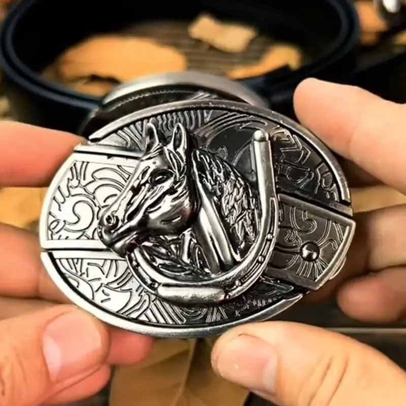 Western Metal Belt Buckle with Hidden EDC Tool | Interchangeable Oval Designs for Men & Women | Fits 1.5 Inch Belts | Rodeo Ranch Country