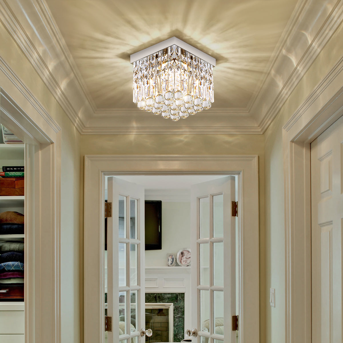Compact Crystal Ceiling Light Chrome Finish Flush Mount Square Design for Hallway Bedroom Kitchen Entry