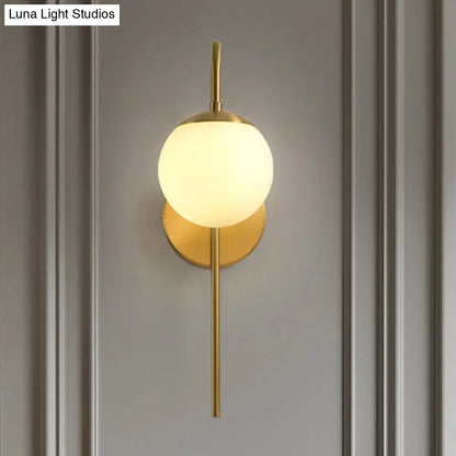 Frosted Glass Globe Wall Light with Curved Brass Arm for Bedroom, Hallway & Living Room – Single LED Sconce