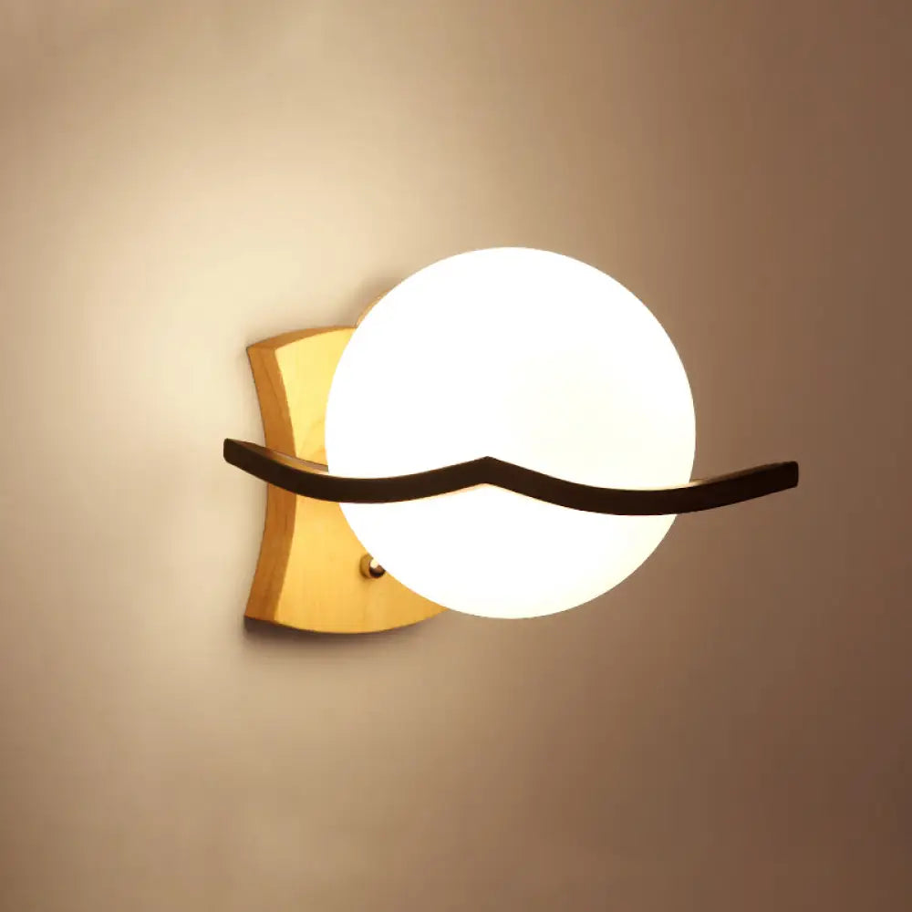Wood & Cream Glass Wall Sconce for Stairway, Geometric Single-Light Fixture, E26 Base, Flush-Mount Design for Hallway & Bedroom Lighting