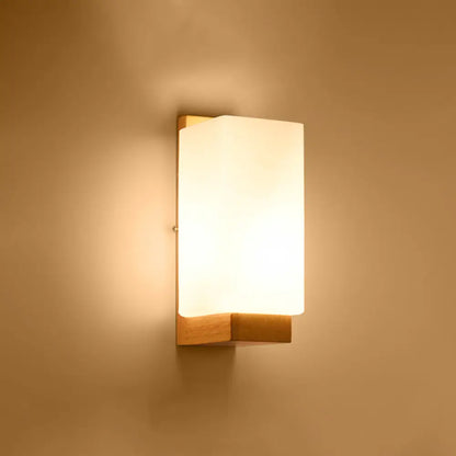 Wood & Cream Glass Wall Sconce for Stairway, Geometric Single-Light Fixture, E26 Base, Flush-Mount Design for Hallway & Bedroom Lighting