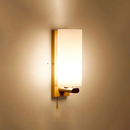 Wood & Cream Glass Wall Sconce for Stairway, Geometric Single-Light Fixture, E26 Base, Flush-Mount Design for Hallway & Bedroom Lighting
