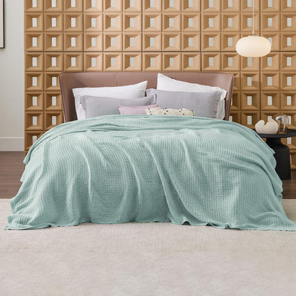 Cotton Throw Blanket for Bed, Waffle Weave Queen Size Blanket for All Seasons, Soft Breathable Cotton Blanket for Couch