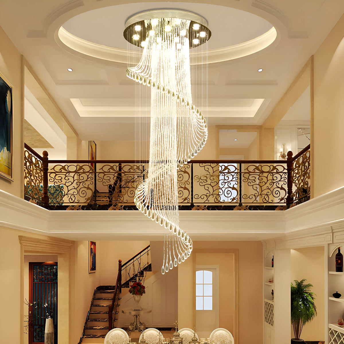 Spiral Crystal Pendant Light for Stairwell Foyer Entryway 118 in Drop Chrome Finish GU10 Socket High Ceiling Statement Fixture Two-Story Hal