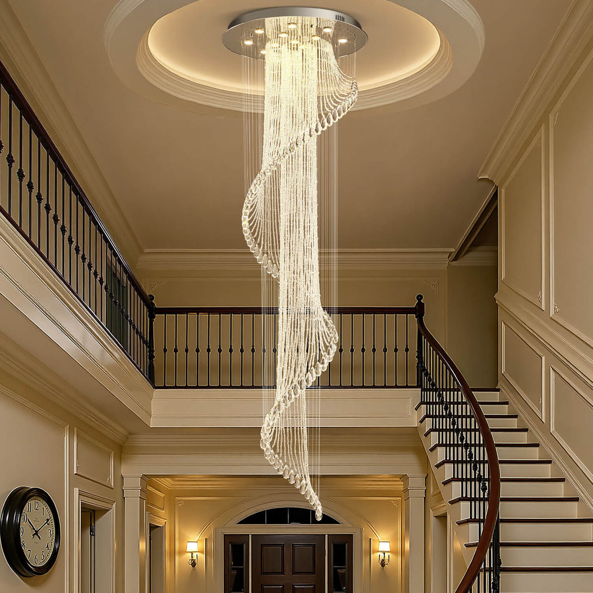 Spiral Crystal Pendant Light for Stairwell Foyer Entryway 118 in Drop Chrome Finish GU10 Socket High Ceiling Statement Fixture Two-Story Hal