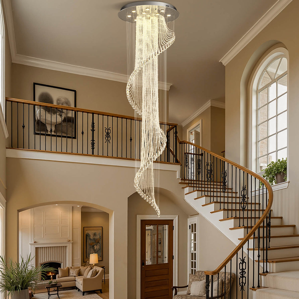 Spiral Crystal Pendant Light for Stairwell Foyer Entryway 118 in Drop Chrome Finish GU10 Socket High Ceiling Statement Fixture Two-Story Hal