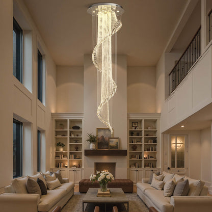 Hanging Light Fixture Cascading Crystal Strands Chrome 47 Inches Tall for Two-Story Foyer Stairwell Hallway Living Room High Ceiling Vertica