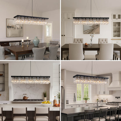 Linear Crystal Chandelier Black Metal Frame Dining Room Kitchen Island Pendant Raindrop E12 Multi-Light Fixture Adjustable Height