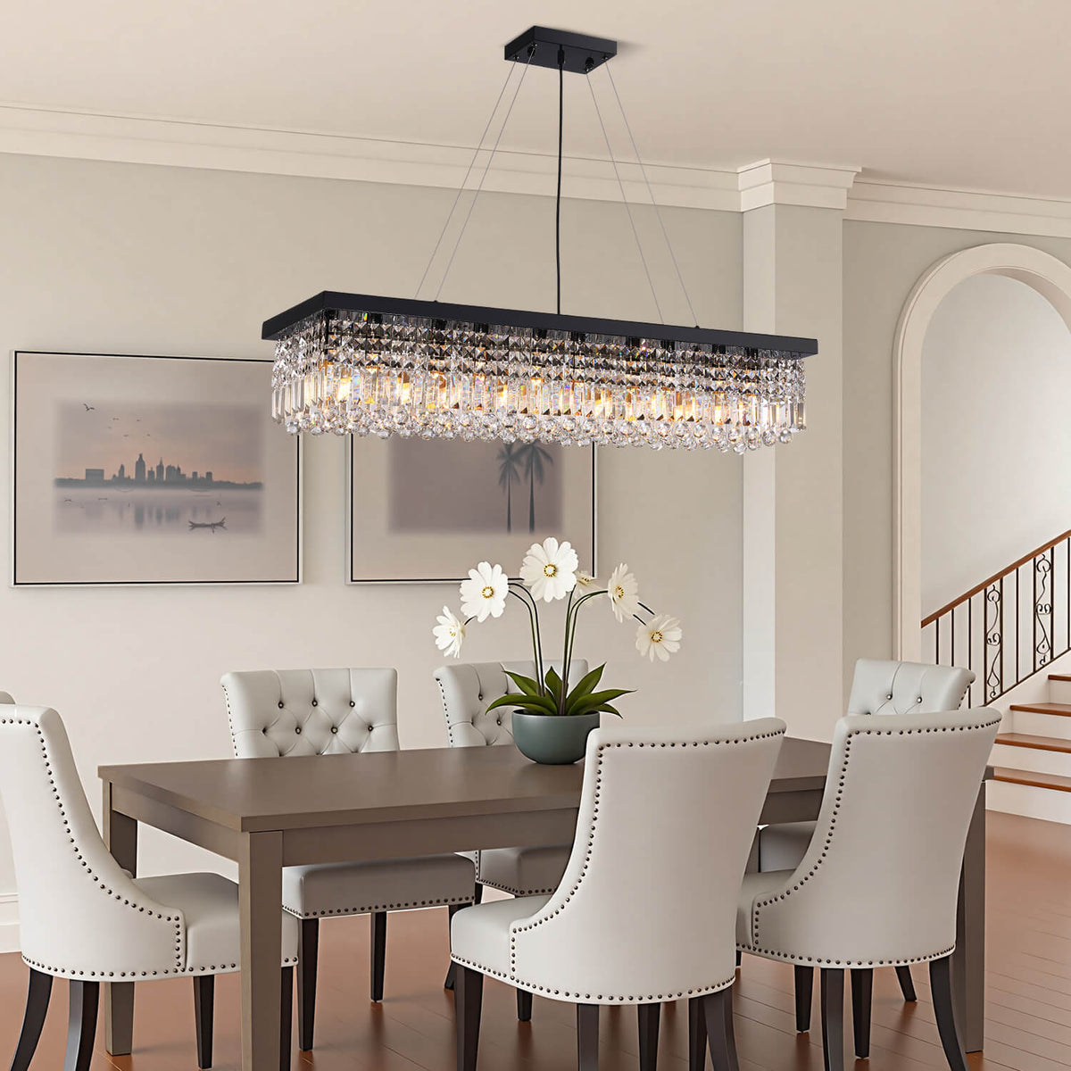 Linear Crystal Chandelier Black Metal Frame Dining Room Kitchen Island Pendant Raindrop E12 Multi-Light Fixture Adjustable Height