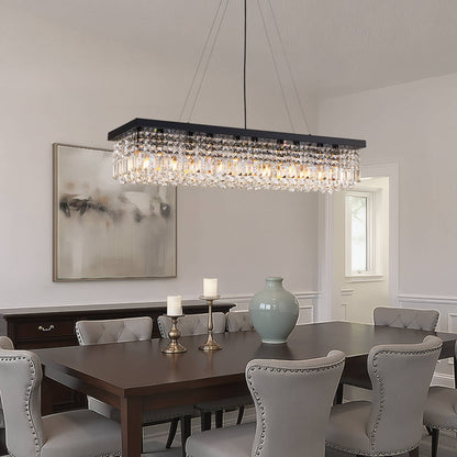 Linear Crystal Chandelier Black Metal Frame Dining Room Kitchen Island Pendant Raindrop E12 Multi-Light Fixture Adjustable Height