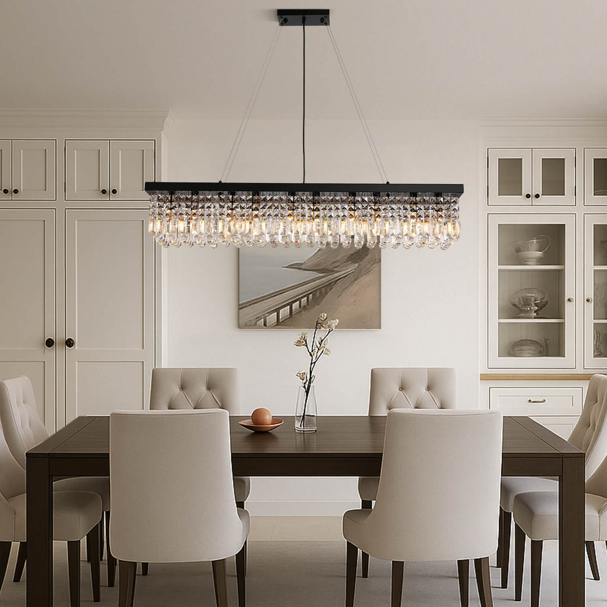 Linear Crystal Chandelier Black Metal Frame Dining Room Kitchen Island Pendant Raindrop E12 Multi-Light Fixture Adjustable Height