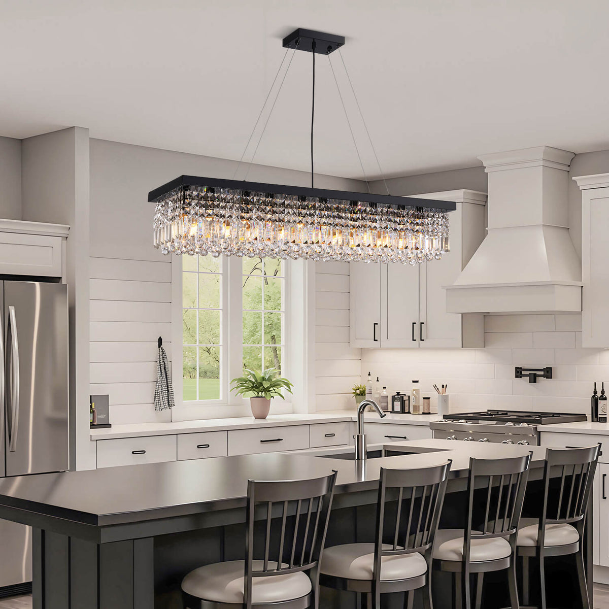 Linear Crystal Pendant Light 47 in Matte Black Rectangular Hanging Fixture for Kitchen Island Dining Table Modern Raindrop Lighting