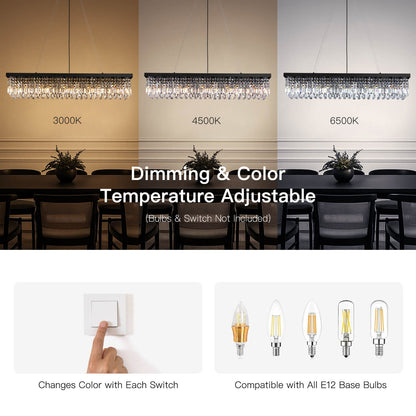 Linear Crystal Pendant Light 47 in Matte Black Rectangular Hanging Fixture for Kitchen Island Dining Table Modern Raindrop Lighting