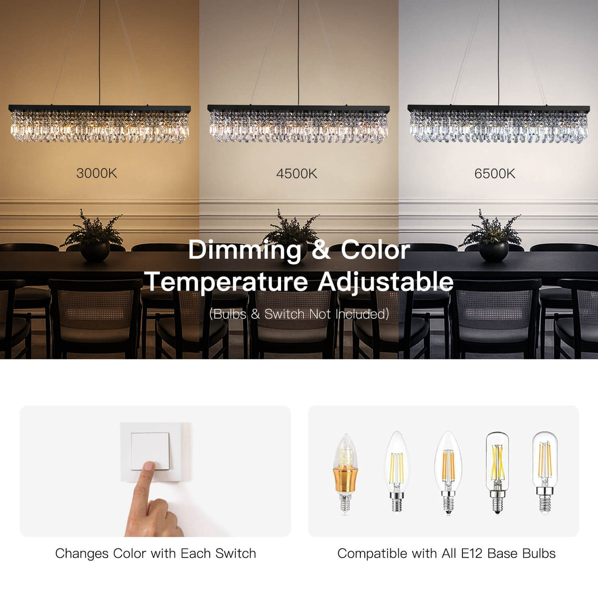 Linear Crystal Chandelier Black Metal Frame Dining Room Kitchen Island Pendant Raindrop E12 Multi-Light Fixture Adjustable Height