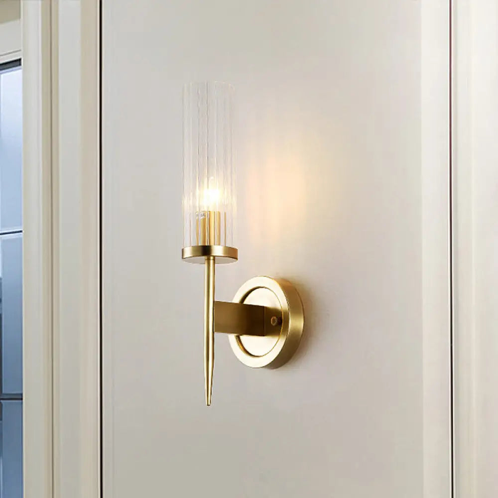 Cylinder Wall Sconce Light Fixture Gold Finish Clear Prism Glass Shade Corner Mount Modern Hallway Bedroom Bathroom Entryway Lighting