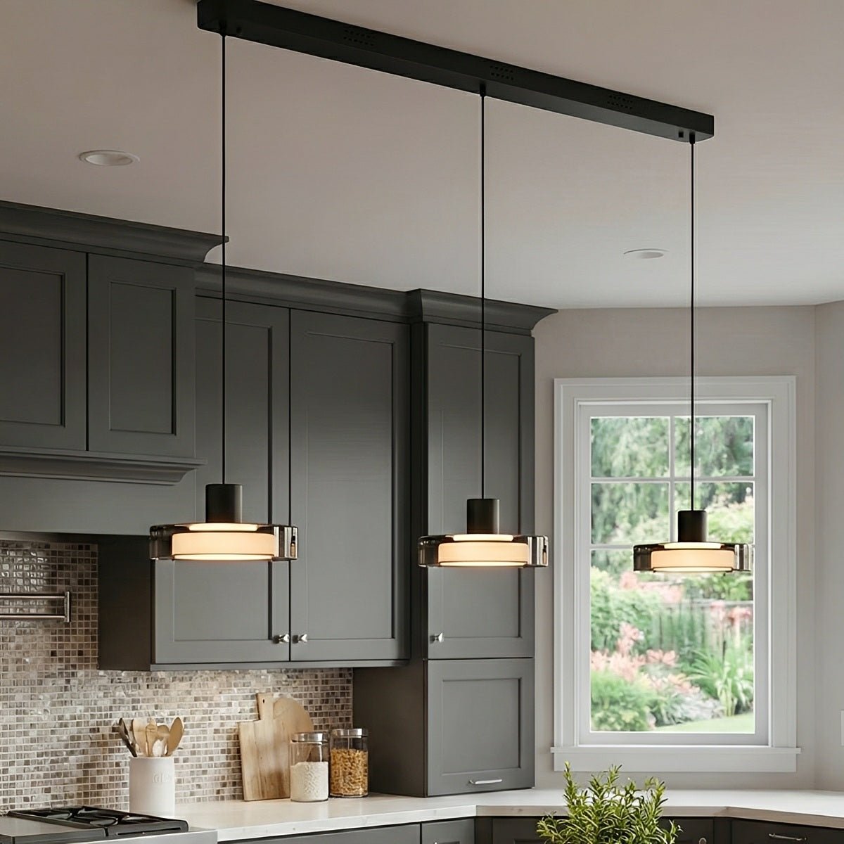 LED Overhead Fixture Multi-Temperature 31-Inch Triple Globe Adjustable Cord for Countertop Bar Table Dining Space Modern Black Aluminum