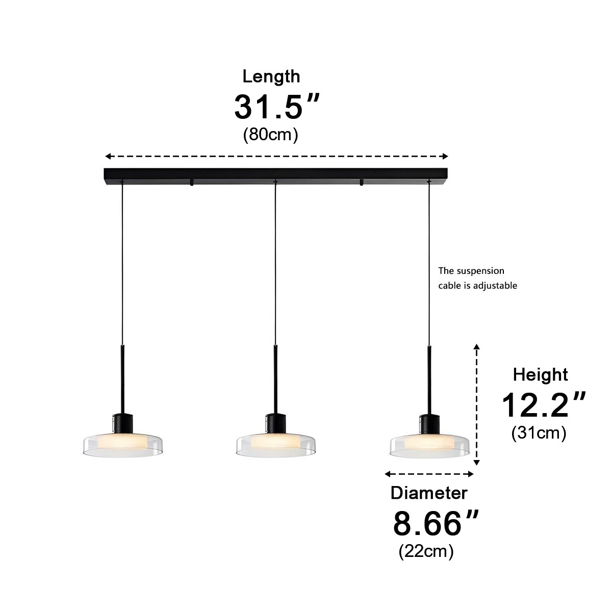 LED Overhead Fixture Multi-Temperature 31-Inch Triple Globe Adjustable Cord for Countertop Bar Table Dining Space Modern Black Aluminum