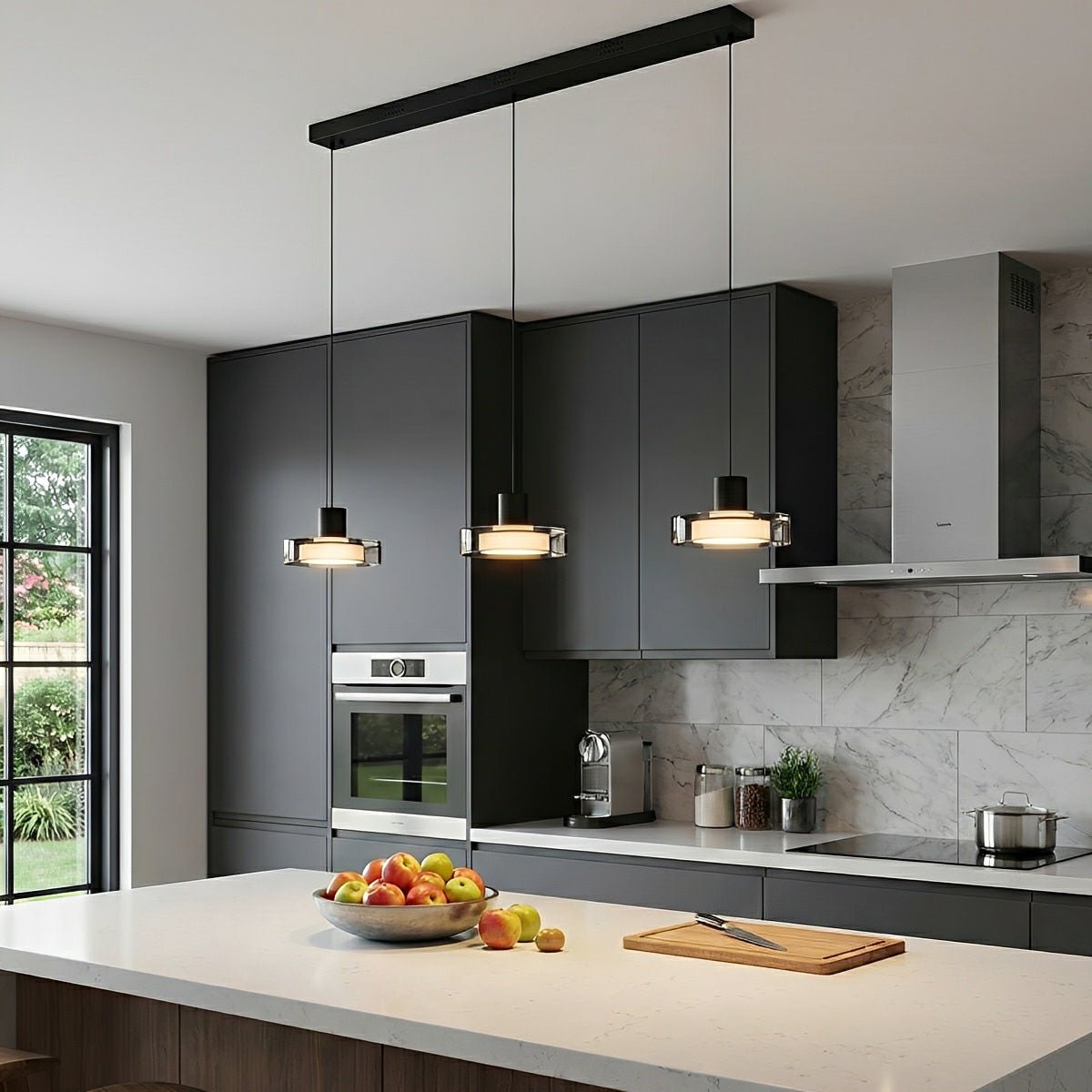 LED Overhead Fixture Multi-Temperature 31-Inch Triple Globe Adjustable Cord for Countertop Bar Table Dining Space Modern Black Aluminum