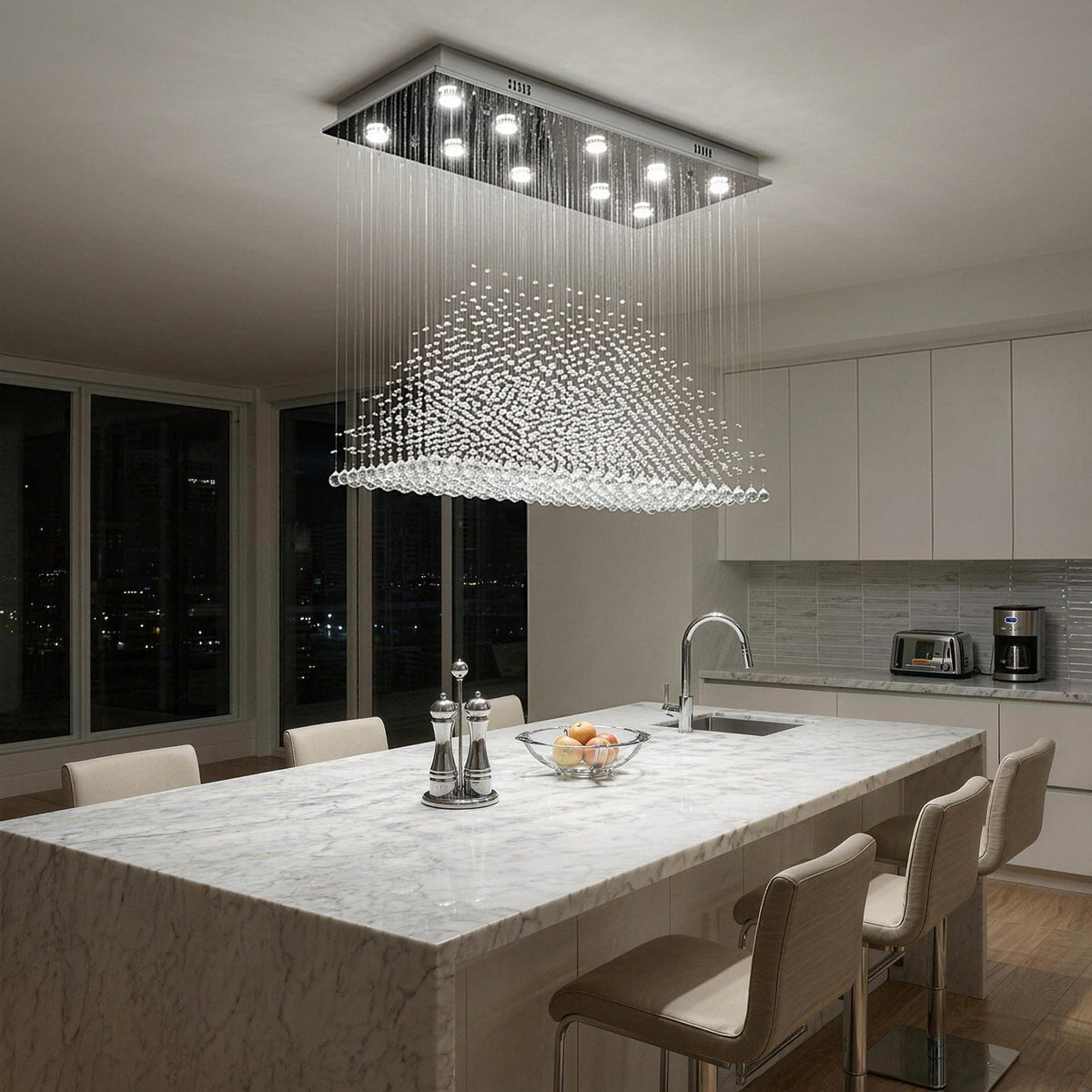 Rectangular Crystal Chandelier with Pyramid Design, 10-Light Stainless Steel Hanging Fixture for Dining Room, Kitchen Island & Living Room