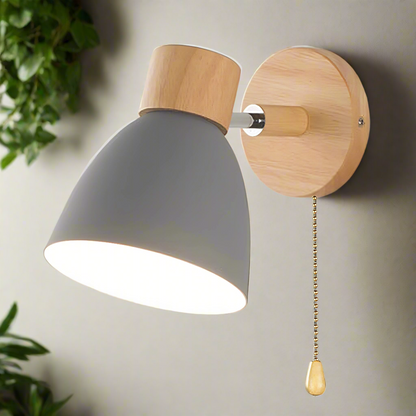 Wood & Metal Wall Sconce with Pull Chain for Bedroom, Living Room, Hallway — Simple Warm-Tone Accent Light