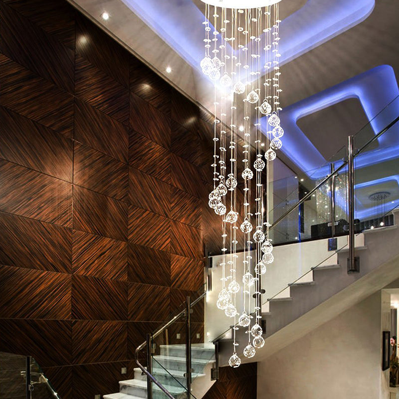 Hanging Raindrop Chandelier with Multi-Tier Clear Faceted Beads & Polished Metal Canopy for Foyer & Stairwell