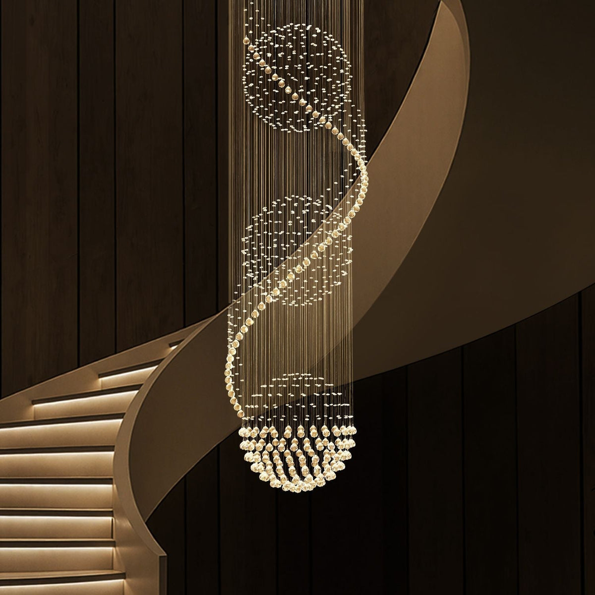 Spiral Crystal Raindrop Chandelier with Three Cascading Tiers for High Ceilings
