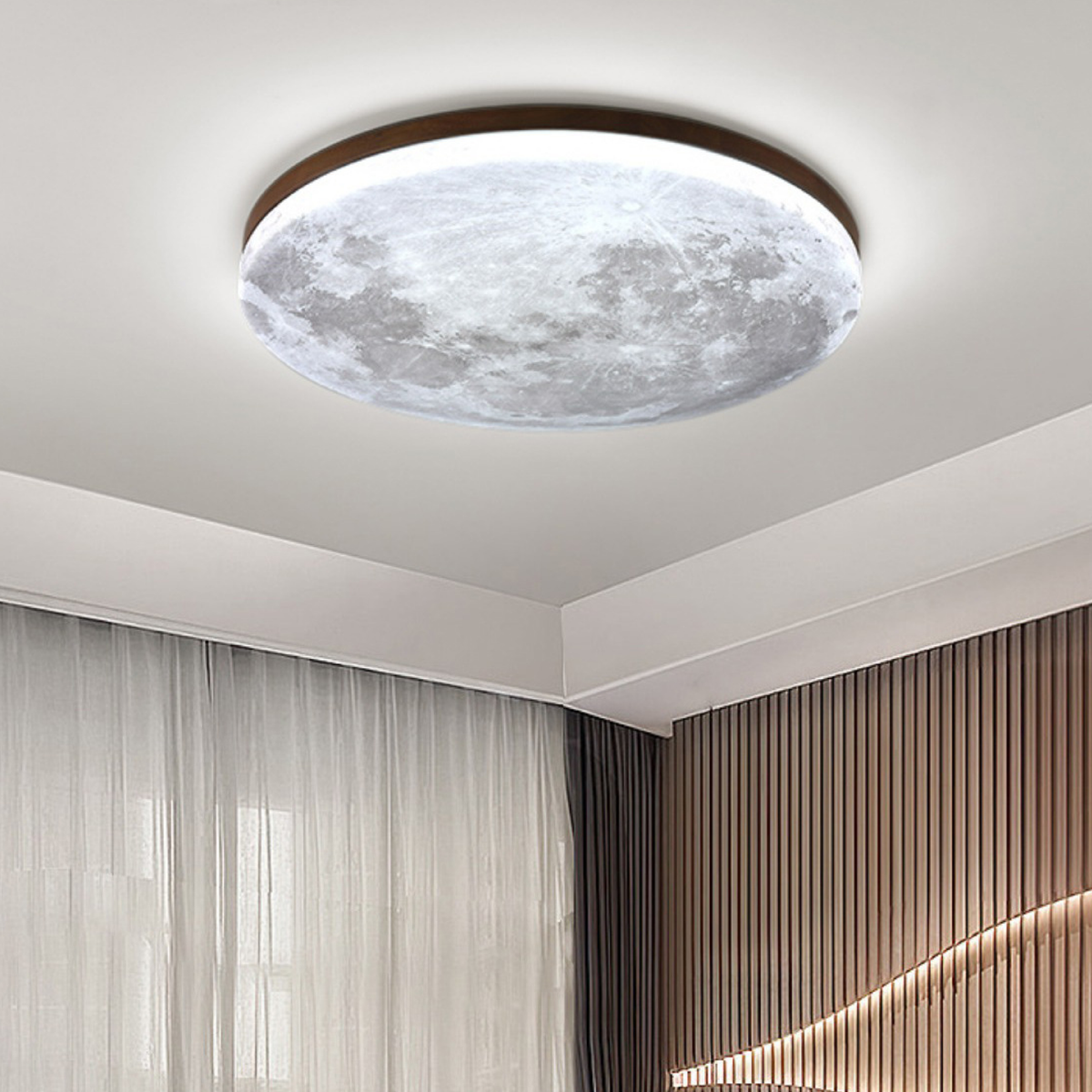 Round LED Ceiling Light Fixture with Dimmer – Wood Grain Finish Flush Mount for Bedroom & Living Room