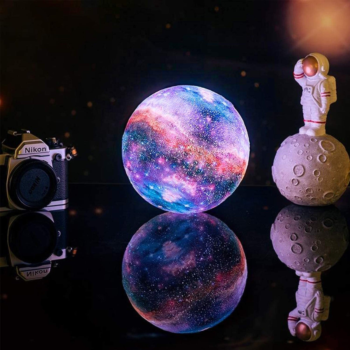 3D Printed Lunar Surface Night Light with Remote Control 16-Color LED Sphere on Wood Base for Bedroom Desk Space Decor