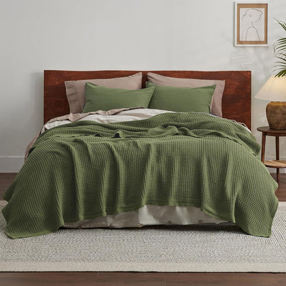 Pure Cotton Thermal Blanket – Queen 90×90 in – Textured Weave Layer for All Seasons – Lightweight & Breathable Throw for Bed or Sofa