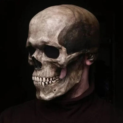Animatronic Skull Head Mask with Articulated Jaw for Costume Parties & Horror Cosplay – Full Coverage Latex Skeleton Disguise