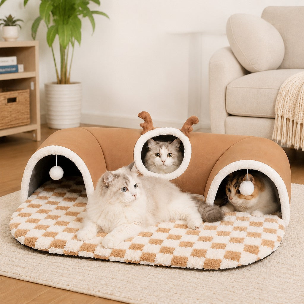 Ortekor 3-in-1 Multi-Cat Tunnel Bed & Play Mat for Indoor Cats - Spacious Cozy Hideaway for Shared Rest, Play & Less Bed Competition