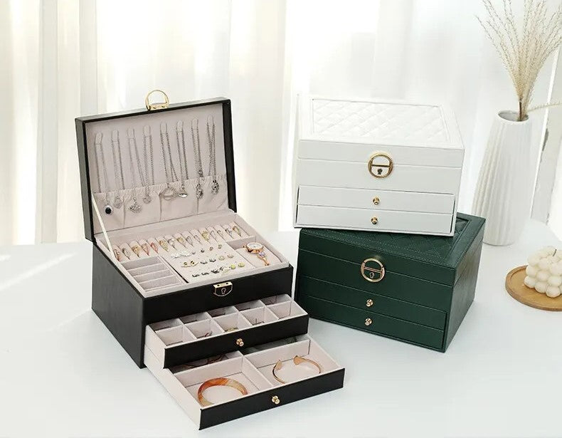 Stackable Jewelry Organizer Box Black 9×7×5 Inch Multi-Compartment Ring Necklace Earring Holder for Dresser Bedroom Vanity Tabletop Storage