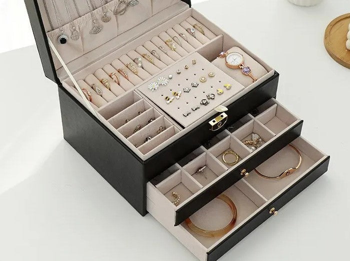 Stackable Jewelry Organizer Box Black 9×7×5 Inch Multi-Compartment Ring Necklace Earring Holder for Dresser Bedroom Vanity Tabletop Storage